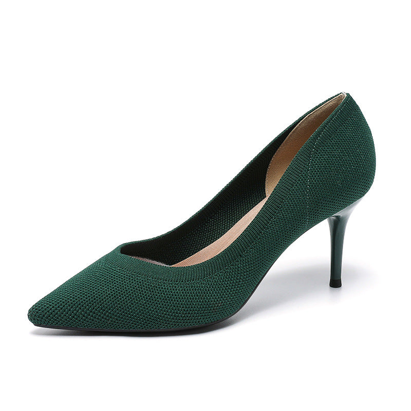 Women's pointed-toe knit stiletto pumps, green, 3/4 side view