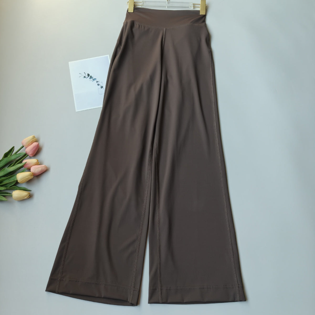 High-waisted wide-leg yoga pants, dark brown, wide straight-leg design