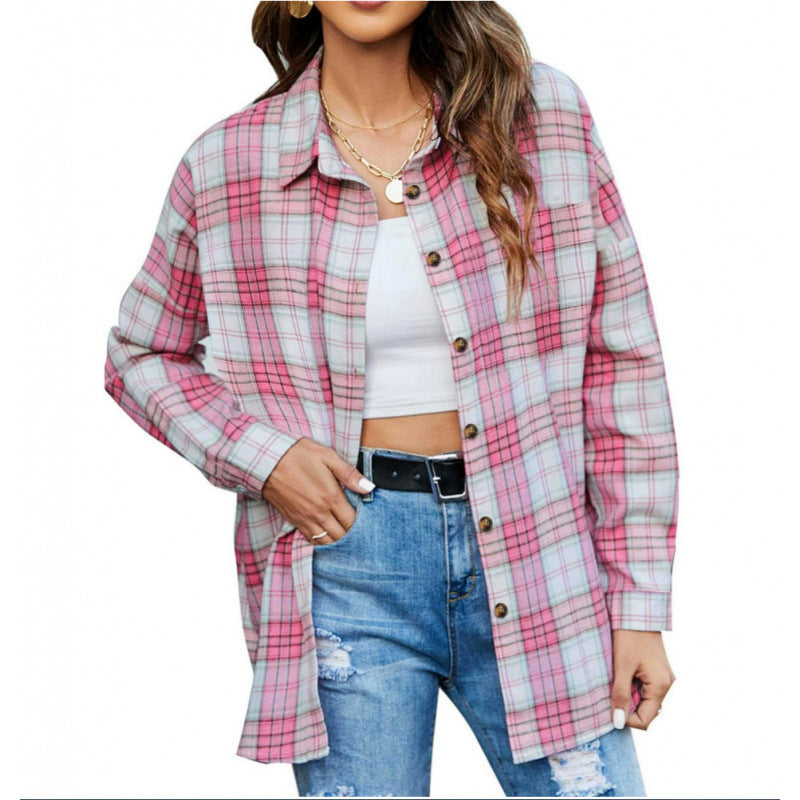 Plaid button-down shirt in pink and blue, oversized fit with button front