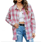 Plaid button-down shirt in pink and blue, oversized fit with button front