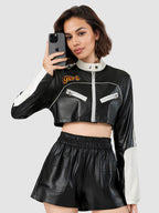 Cropped faux leather racer jacket, contrast trim, front zip and side zip pockets