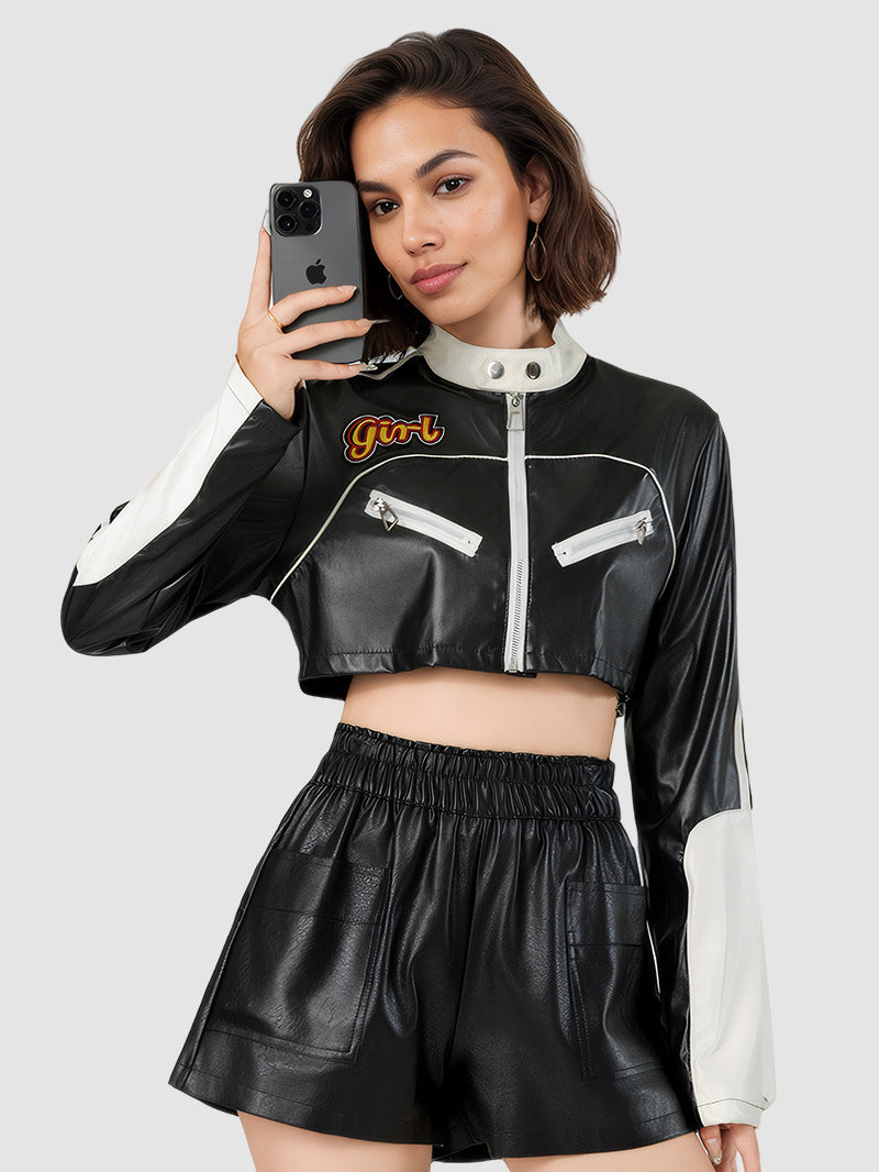 Cropped faux leather racer jacket, contrast trim, front zip and side zip pockets
