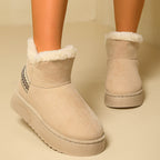 Women’s platform snow boots in beige faux suede with faux fur trim, slip-on ankle style