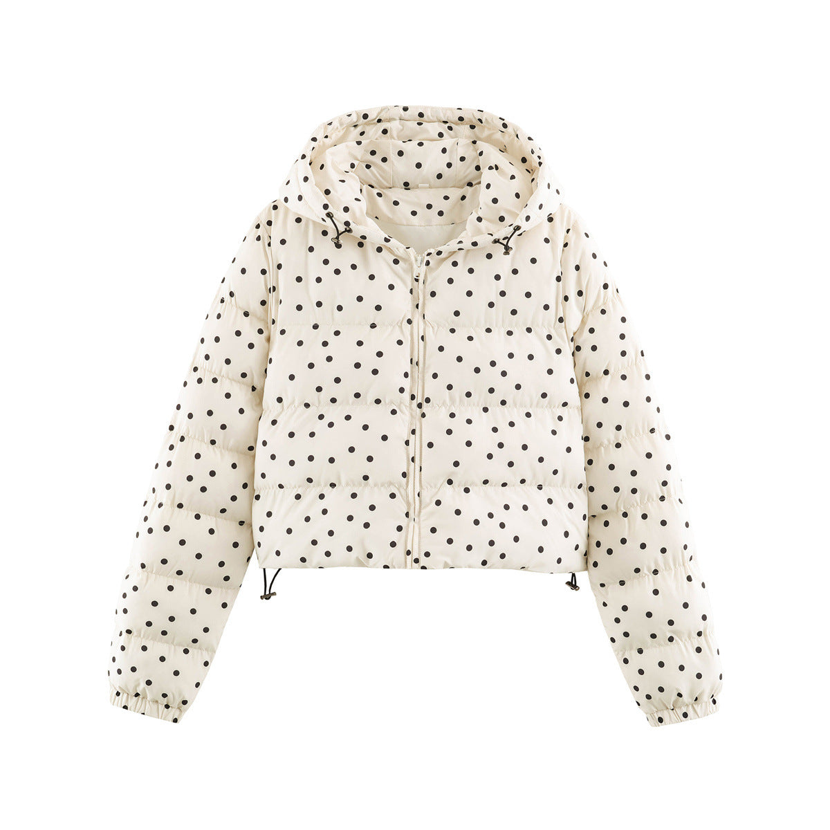 Cropped hooded puffer jacket in cream with polka dot print, front zipper, elastic cuffs.