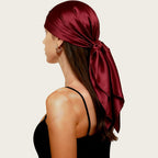 Burgundy satin head scarf, large square wrap tied at the side