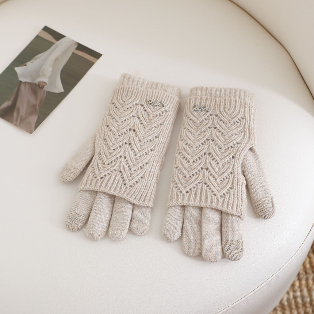 Women’s beige fingerless knit gloves with ribbed cuffs and textured wave pattern