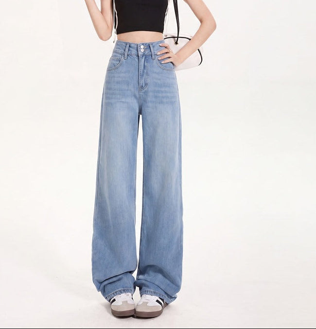 Women's wide-leg jeans, medium wash blue, high rise with button fly and side pockets