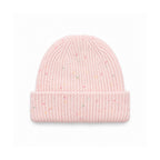 Speckled light pink rib-knit beanie with a wide folded cuff.