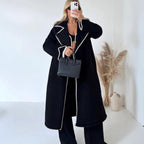 Black long open-front wool coat with contrast stitched trim, oversized fit