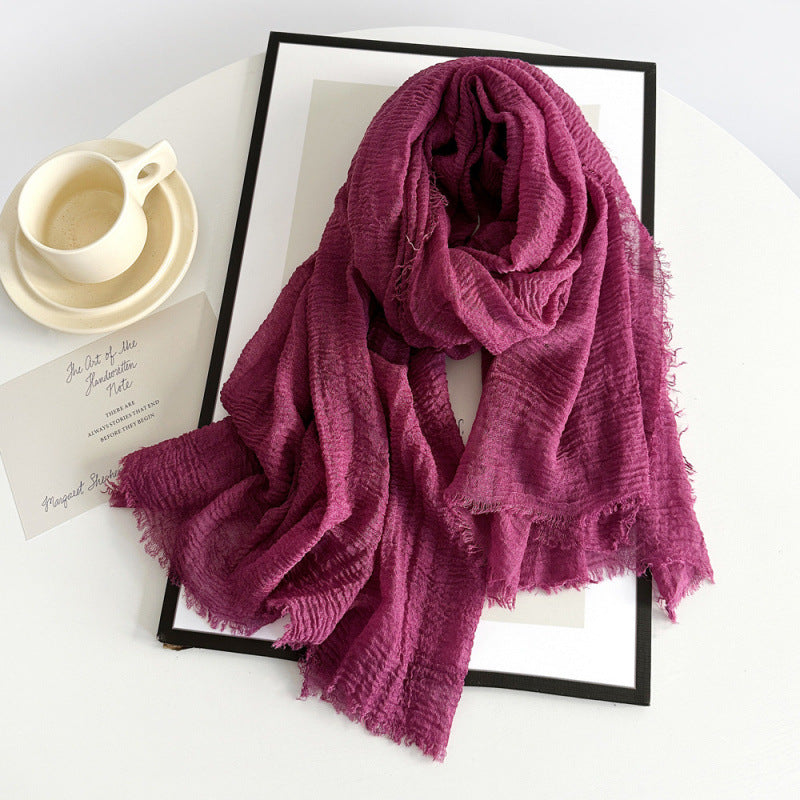 Women’s cotton scarf in burgundy, long crinkle gauze with frayed fringe ends