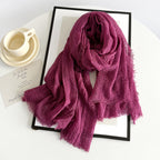 Women’s cotton scarf in burgundy, long crinkle gauze with frayed fringe ends