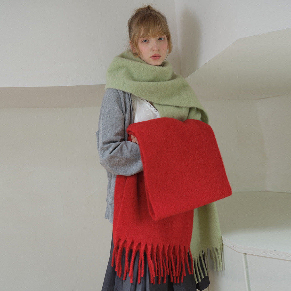 Wool blend fringe scarf, red oversized blanket style with long tassel ends