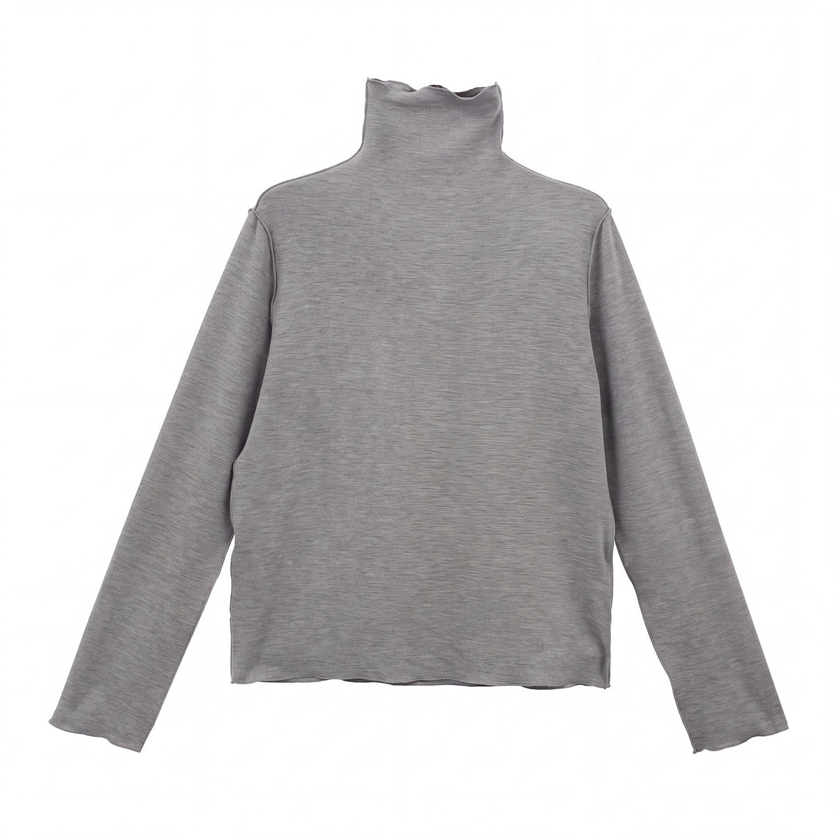 Gray wool-blend mock neck long-sleeve fitted top, straight hem