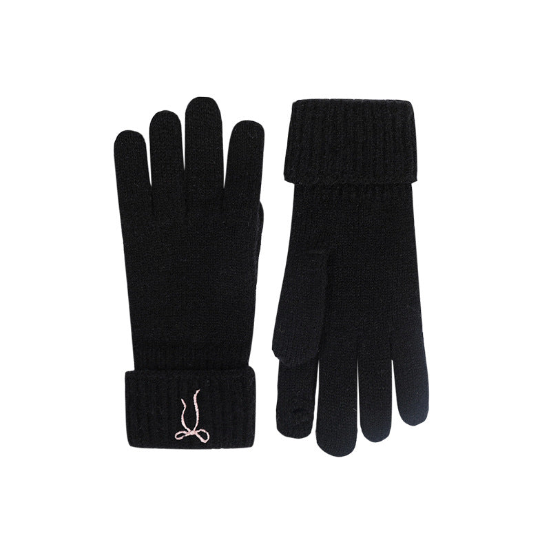 Black knit touchscreen gloves with ribbed fold-over cuffs and bow embroidery