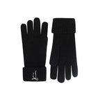 Black knit touchscreen gloves with ribbed fold-over cuffs and bow embroidery