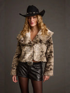 Snake print faux fur cropped jacket with oversized collar and button front
