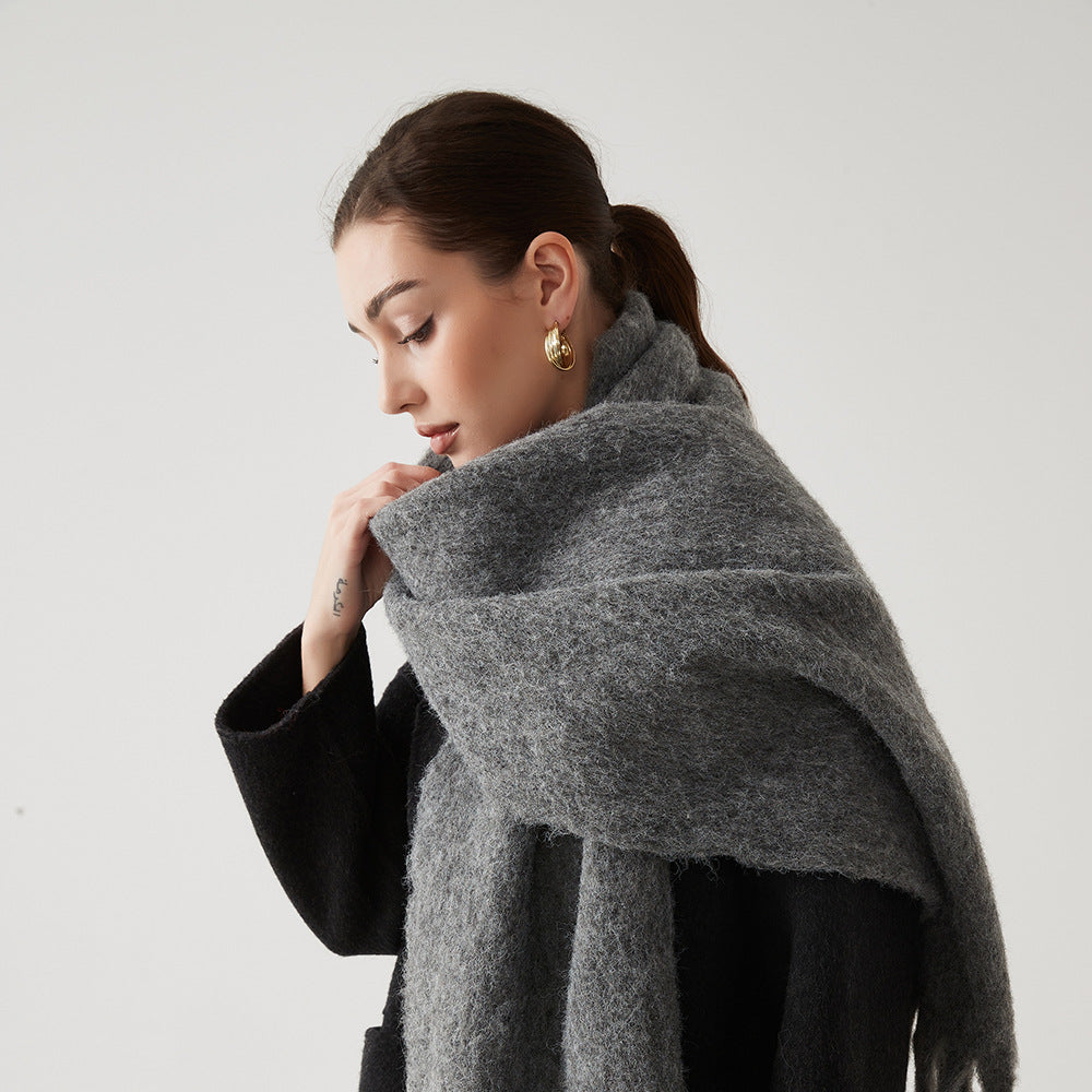 Oversized fuzzy wool-blend scarf in medium gray, large draped wrap around neck