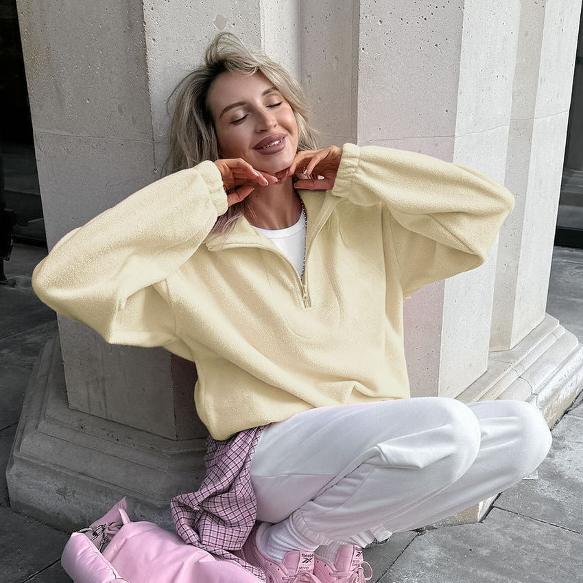 Women's half-zip fleece pullover, pale yellow oversized stand collar with half-length zip