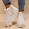 Fur-lined slip-on snow boots, white faux suede with elastic side panels