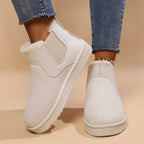 Fur-lined slip-on snow boots, white faux suede with elastic side panels