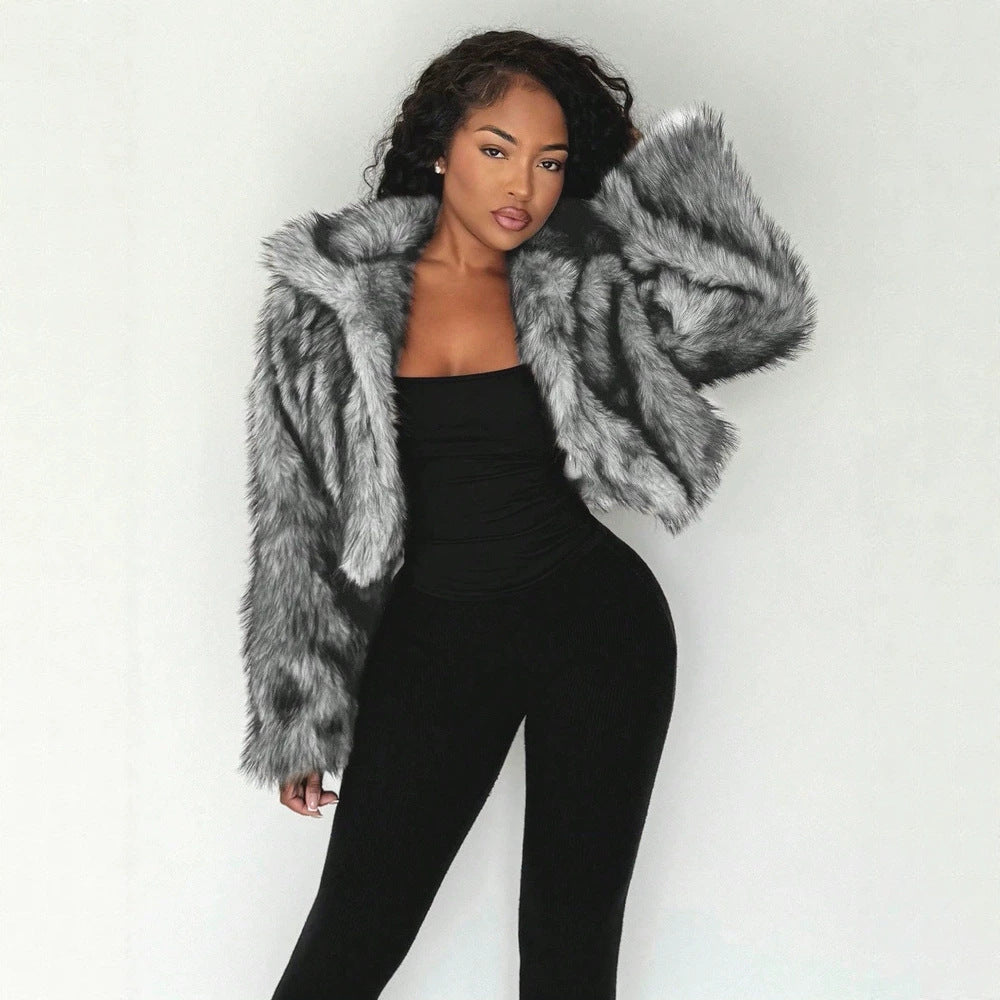 Light gray shaggy faux fur cropped jacket with large lapel, open front