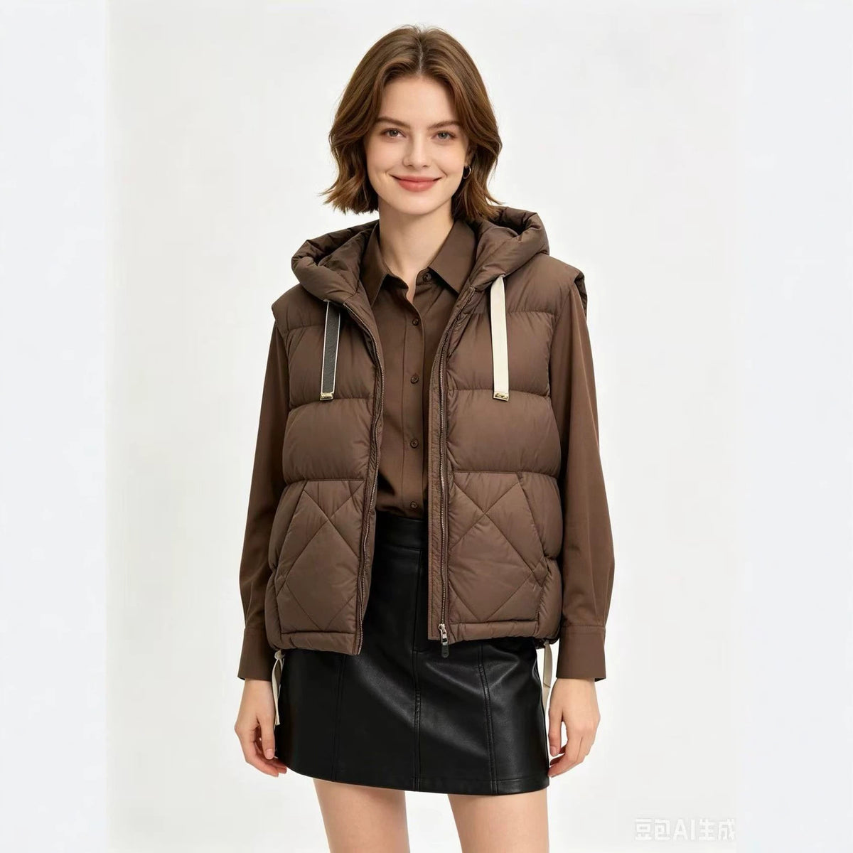 Brown women's sleeveless hooded puffer vest with diamond quilting and zip front