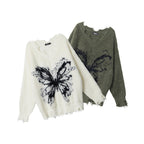 Women’s mohair butterfly V-neck knit sweaters, white and olive green, with frayed hems