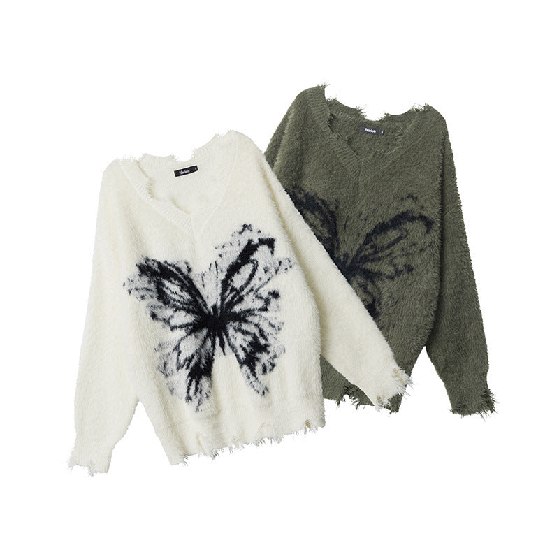 Women’s mohair butterfly V-neck knit sweaters, white and olive green, with frayed hems