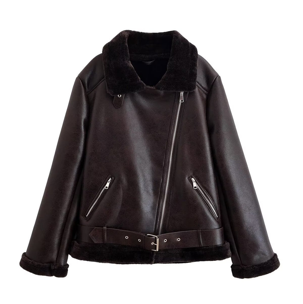 Women’s belted faux shearling aviator jacket with front zip closure and zip pockets