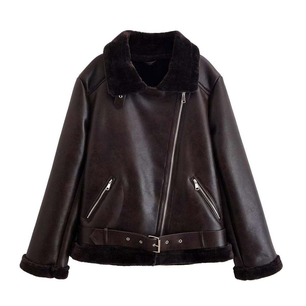 Women’s belted faux shearling aviator jacket with front zip closure and zip pockets