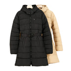 Women's long hooded belted quilted puffer coat in black (front) and khaki (rear)