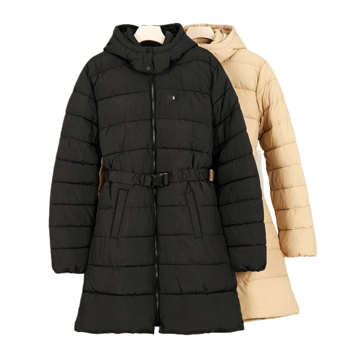Women's long hooded belted quilted puffer coat in black (front) and khaki (rear)