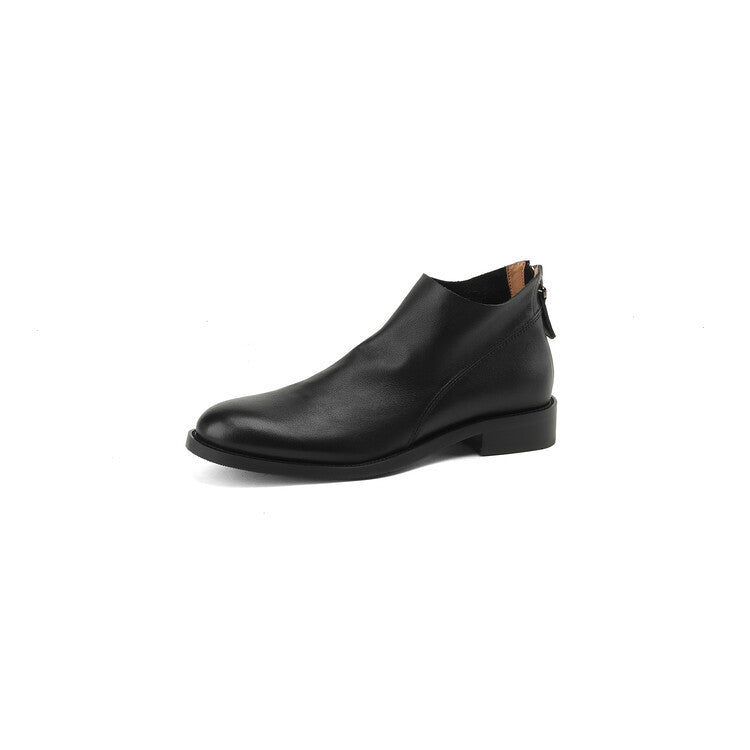 Black leather ankle boots with back zip and low block heel, single side view