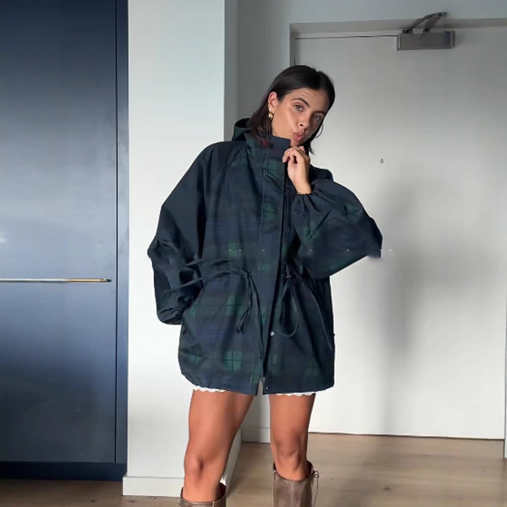 Dark blue plaid hooded windbreaker with drawstring waist and long sleeves, front view
