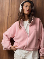Pink cropped fleece jacket, full-zip stand collar with small logo, drawstring hem