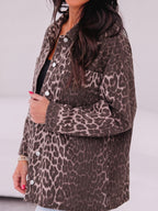 Brown leopard-print denim shacket with chest pocket and button cuffs, side view