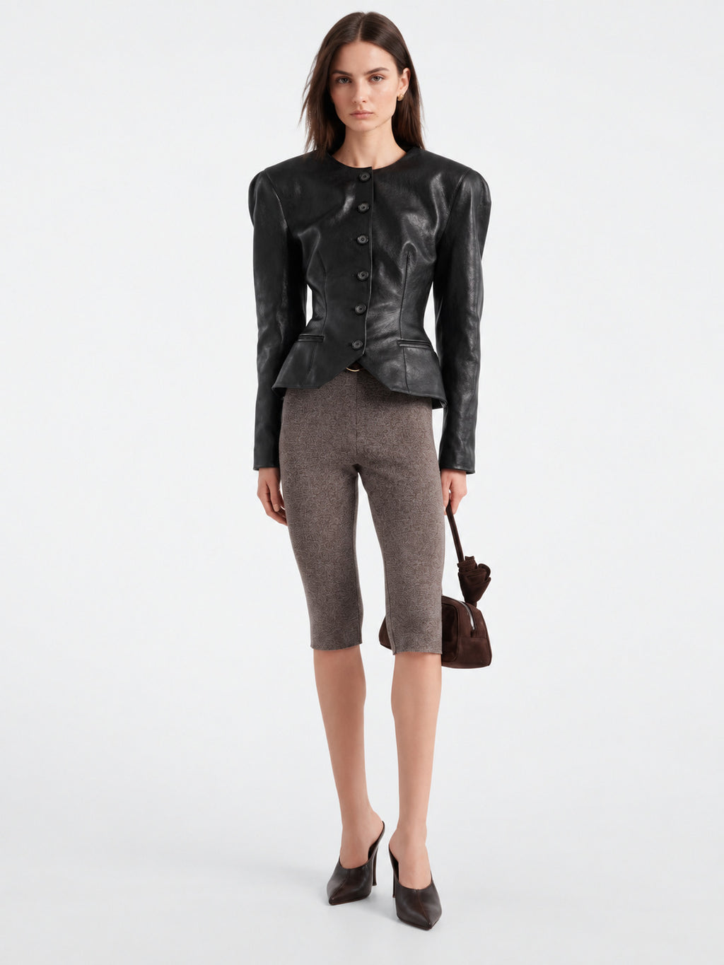 Black faux leather fitted blazer jacket with peplum waist and button placket
