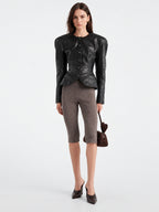 Black faux leather fitted blazer jacket with peplum waist and button placket