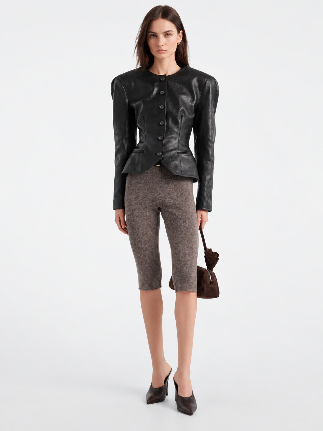Black faux leather fitted blazer jacket with peplum waist and button placket