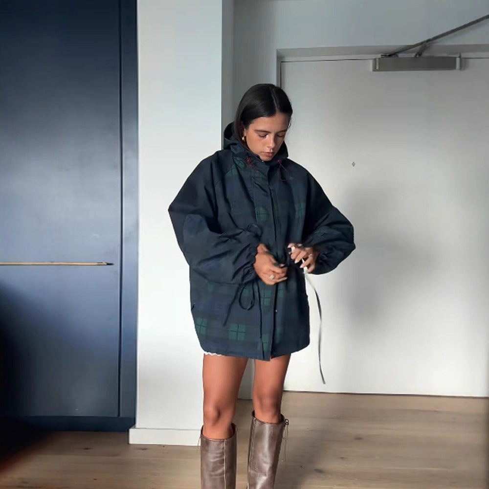 Dark blue plaid hooded windbreaker jacket with drawstring waist, oversized sleeves