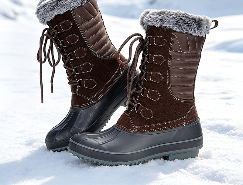 Brown lace-up mid-calf snow boots with faux fur cuff and padded rubber outsole