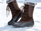 Brown lace-up mid-calf snow boots with faux fur cuff and padded rubber outsole