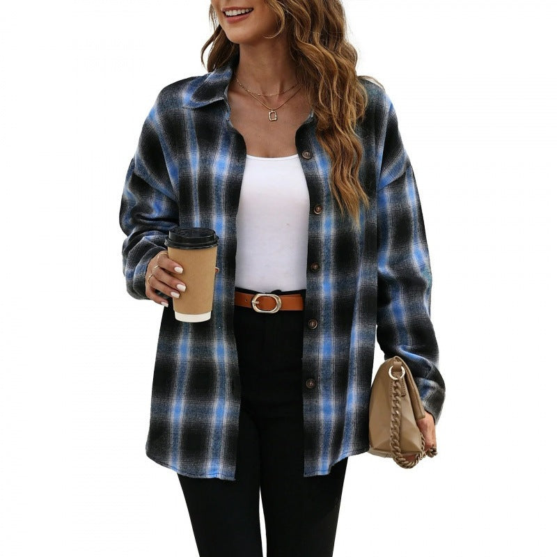 Blue and black plaid oversized button-down shirt with long sleeves and front buttons