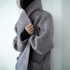 Gray knit cardigan sleeve and belt tie with shawl collar
