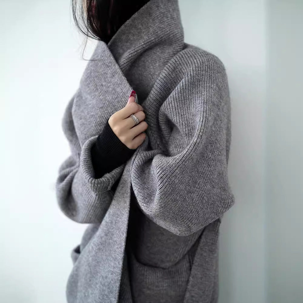 Gray knit cardigan sleeve and belt tie with shawl collar
