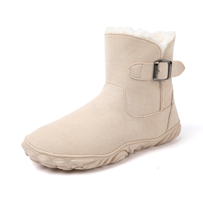 Light beige mid-calf snow boots with buckled strap, plush lining cuff, and rubber tread sole