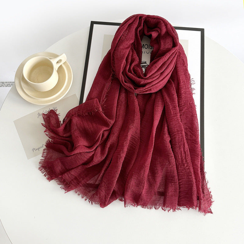 Women’s cotton scarf in red, long crinkle gauze with frayed fringe ends