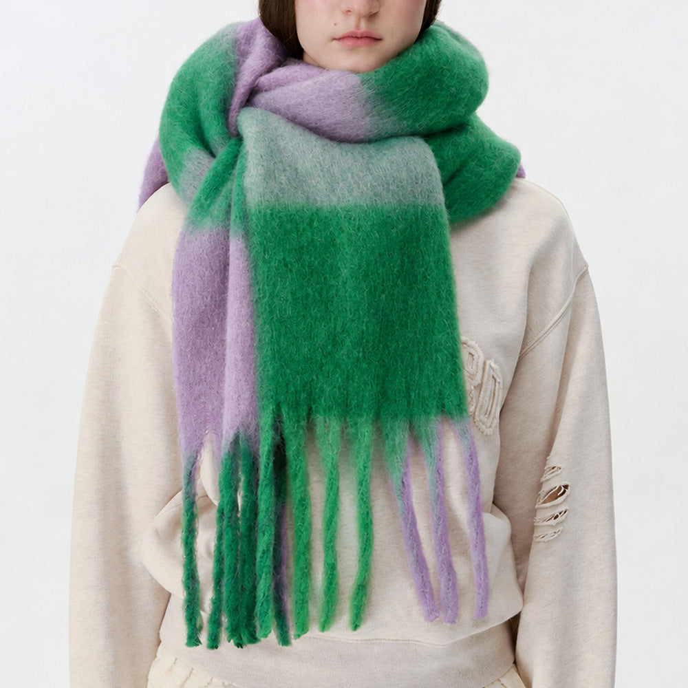 Plaid scarf with green and lavender blocks, fuzzy finish, long fringed ends