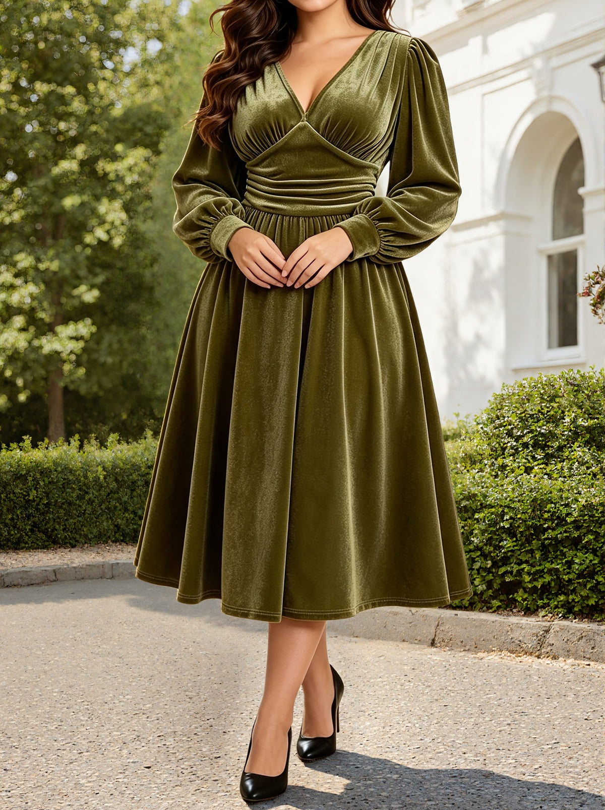 Green velvet midi dress, long sleeves, V-neck and ruched waist fit-and-flare skirt