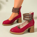 Red croc-embossed platform ankle strap pumps with block heels and triple buckle cuff
